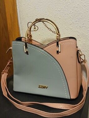 ZZMY Two-Tone Pastel Top Handle Satchel Crossbody Bag - Pink & Light Blue Gold